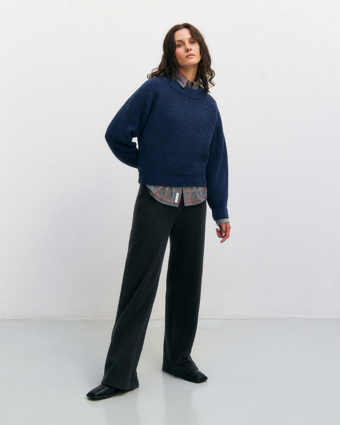 Kurzer Strickpullover Recycelte Wolle - Dunkelblau