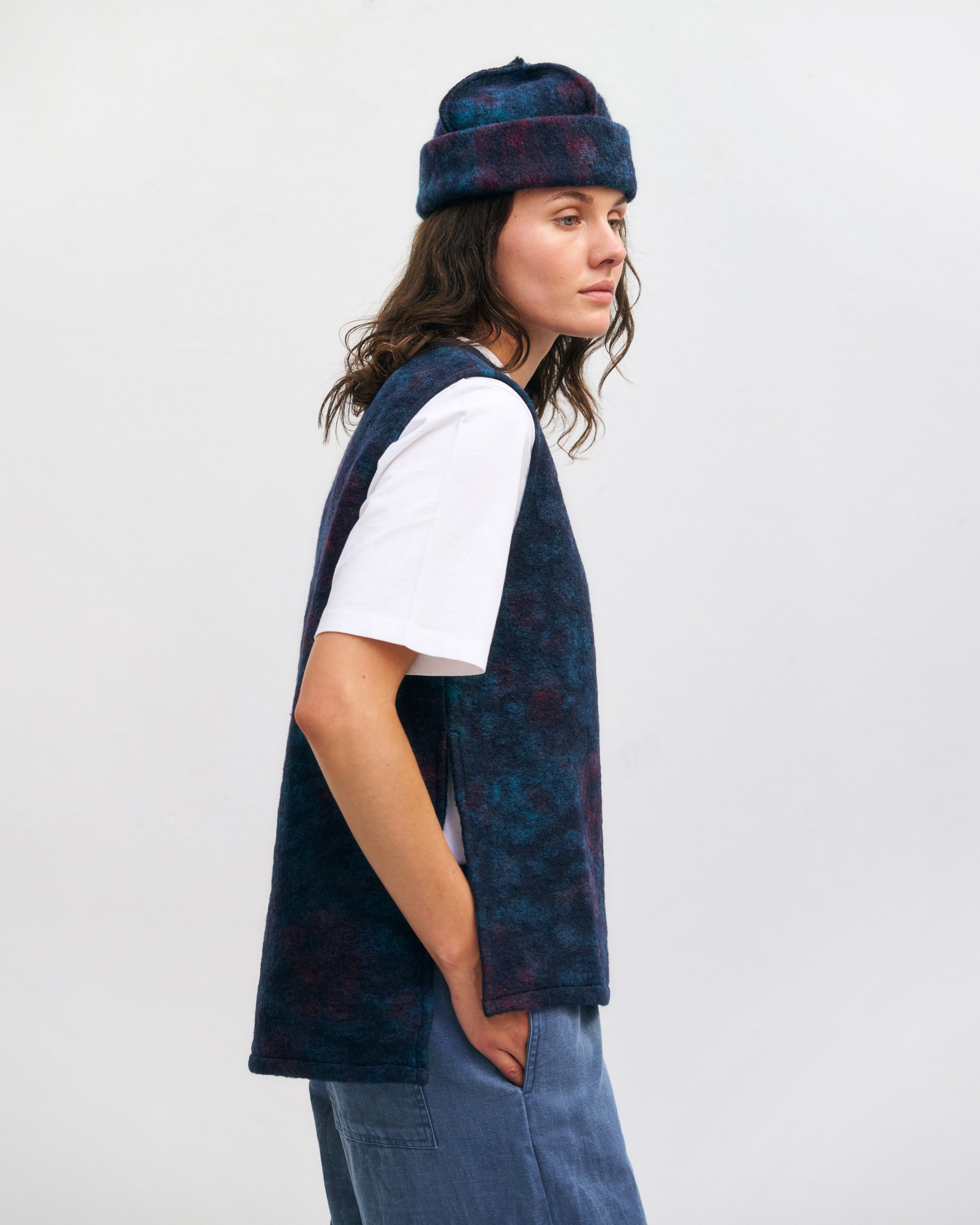 Lange Weste Bio Wollmischung - Blau Melange