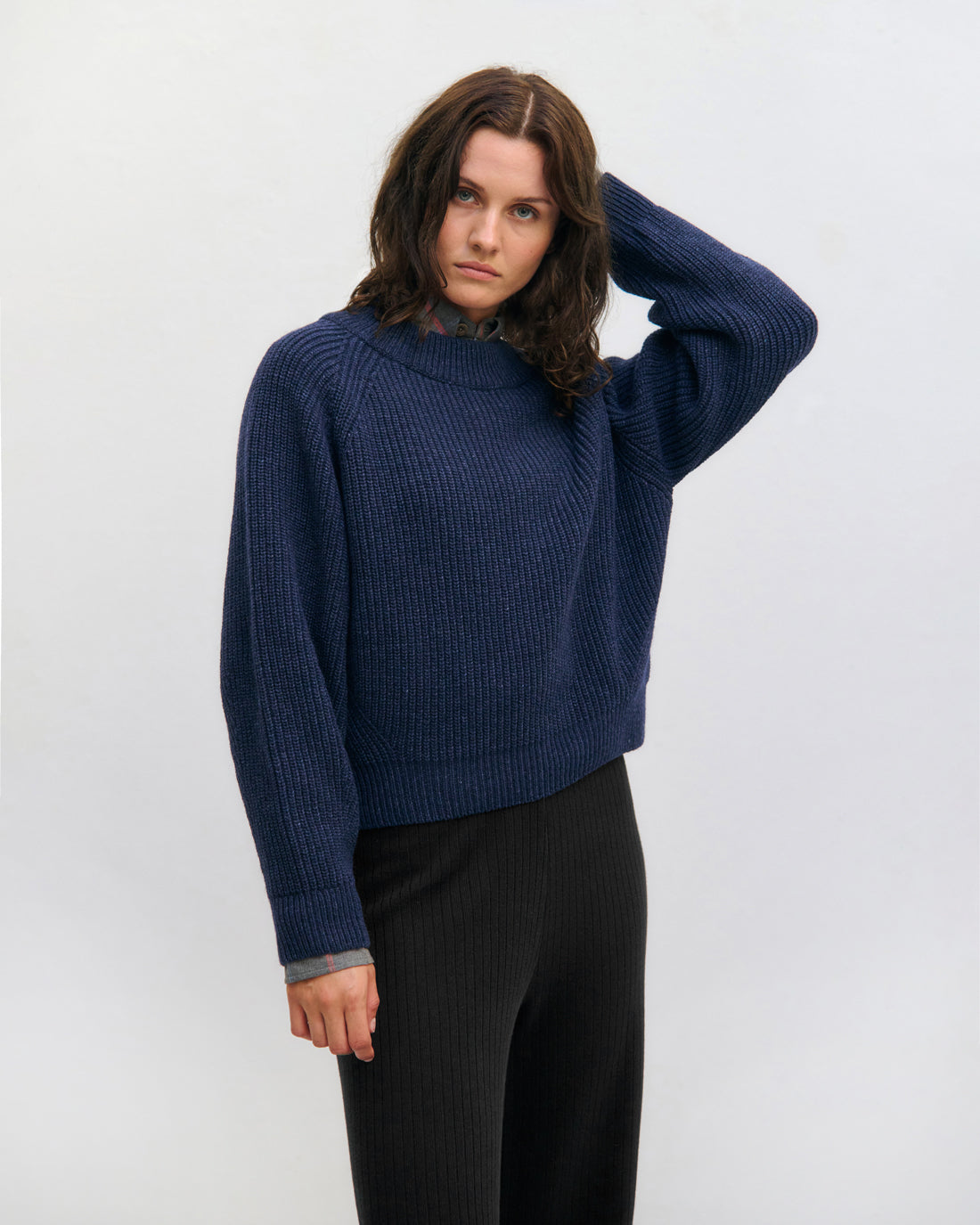 Kurzer Strickpullover Recycelte Wolle - Dunkelblau