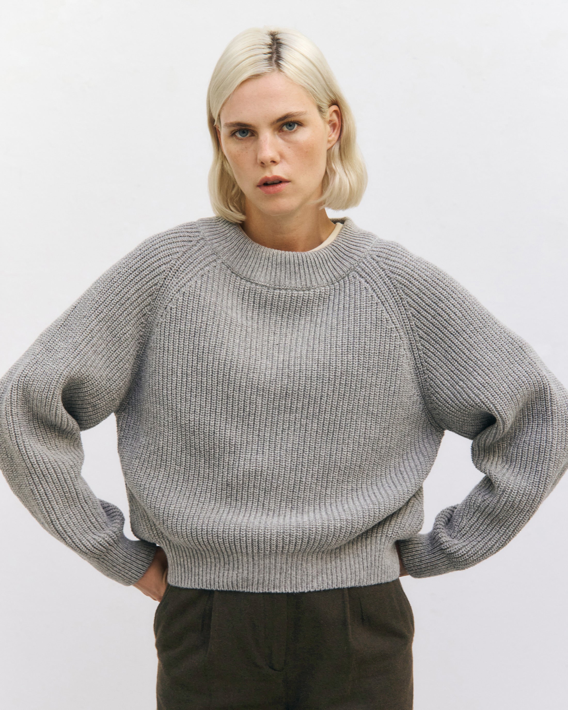 Kurzer Strickpullover Recycelte Wolle - Hellgrau