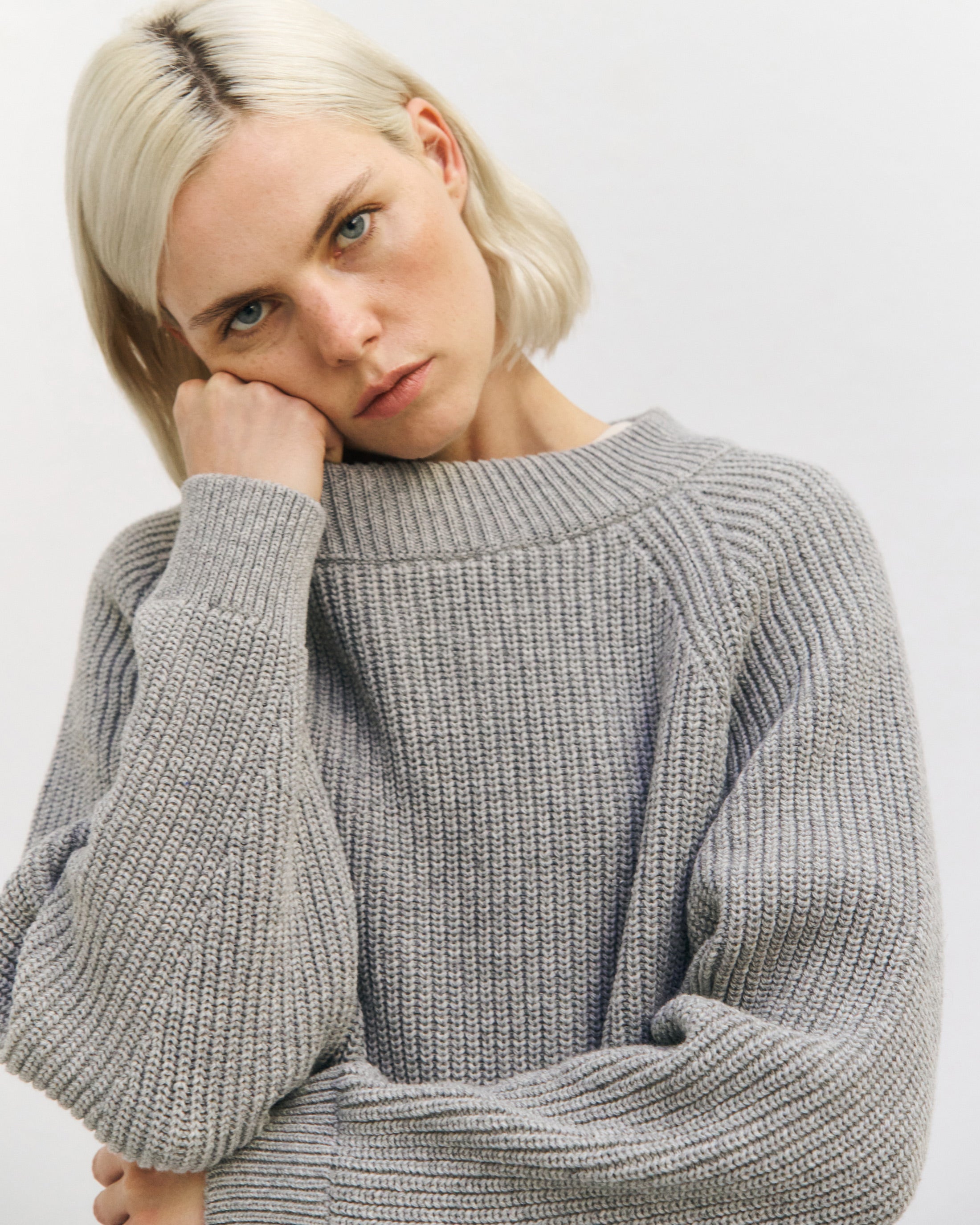 Kurzer Strickpullover Recycelte Wolle - Hellgrau
